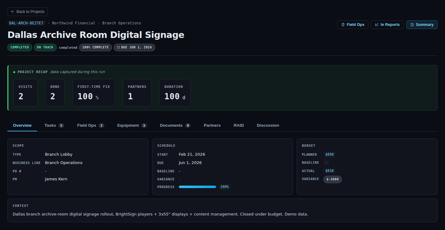 A completed project's detail page in APEX with the PROJECT RECAP band across the top, summarizing visits, completed visits, first-time fix rate, partners, and duration.