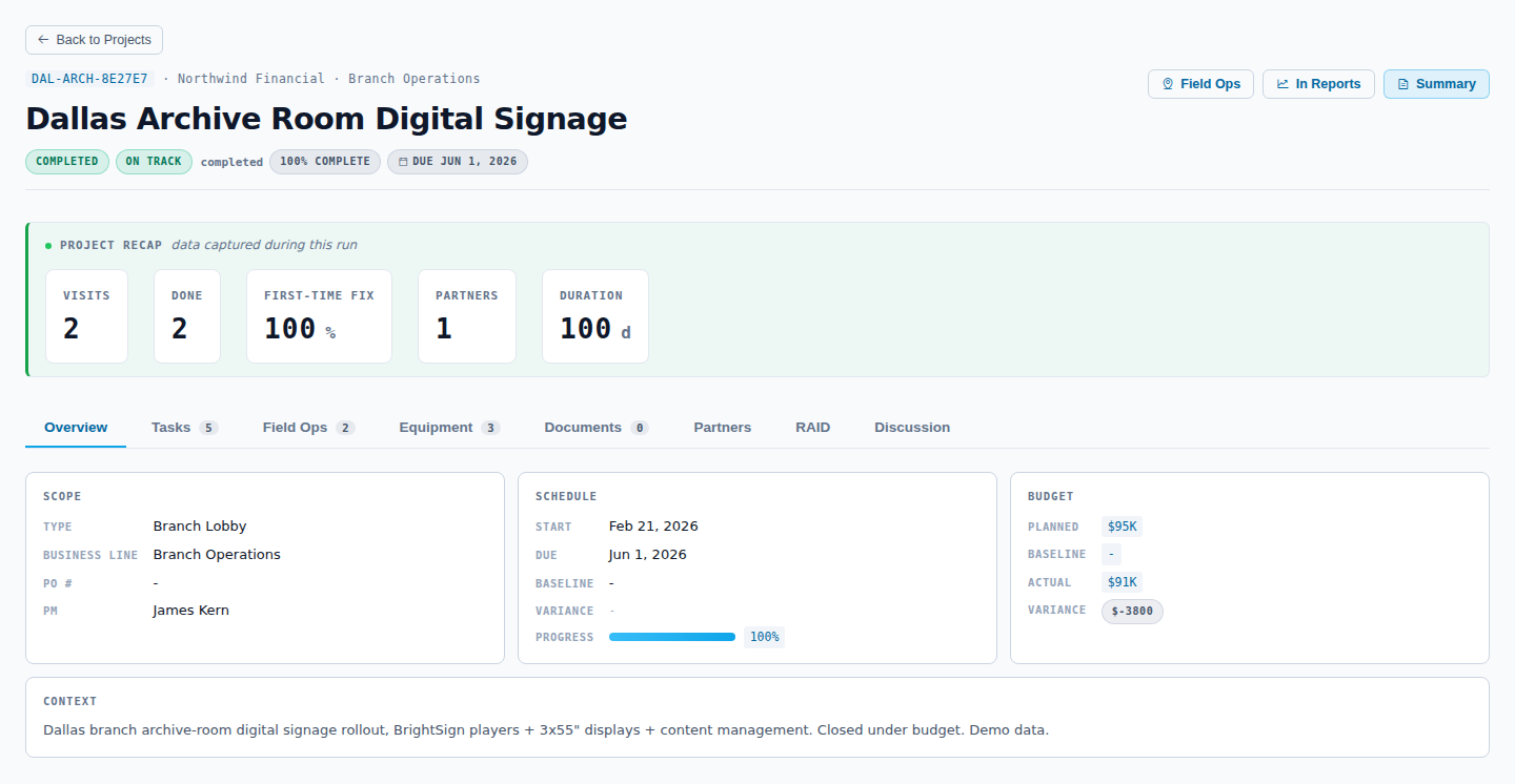A completed project's detail page in APEX with the PROJECT RECAP band across the top, summarizing visits, completed visits, first-time fix rate, partners, and duration.