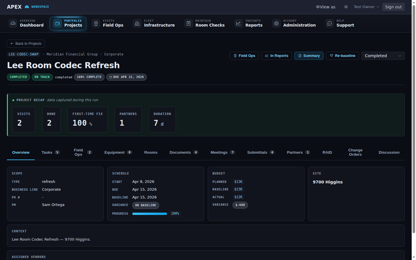 ApexAV project recap: visits, fixes, partners and duration captured during the run, ready for audit