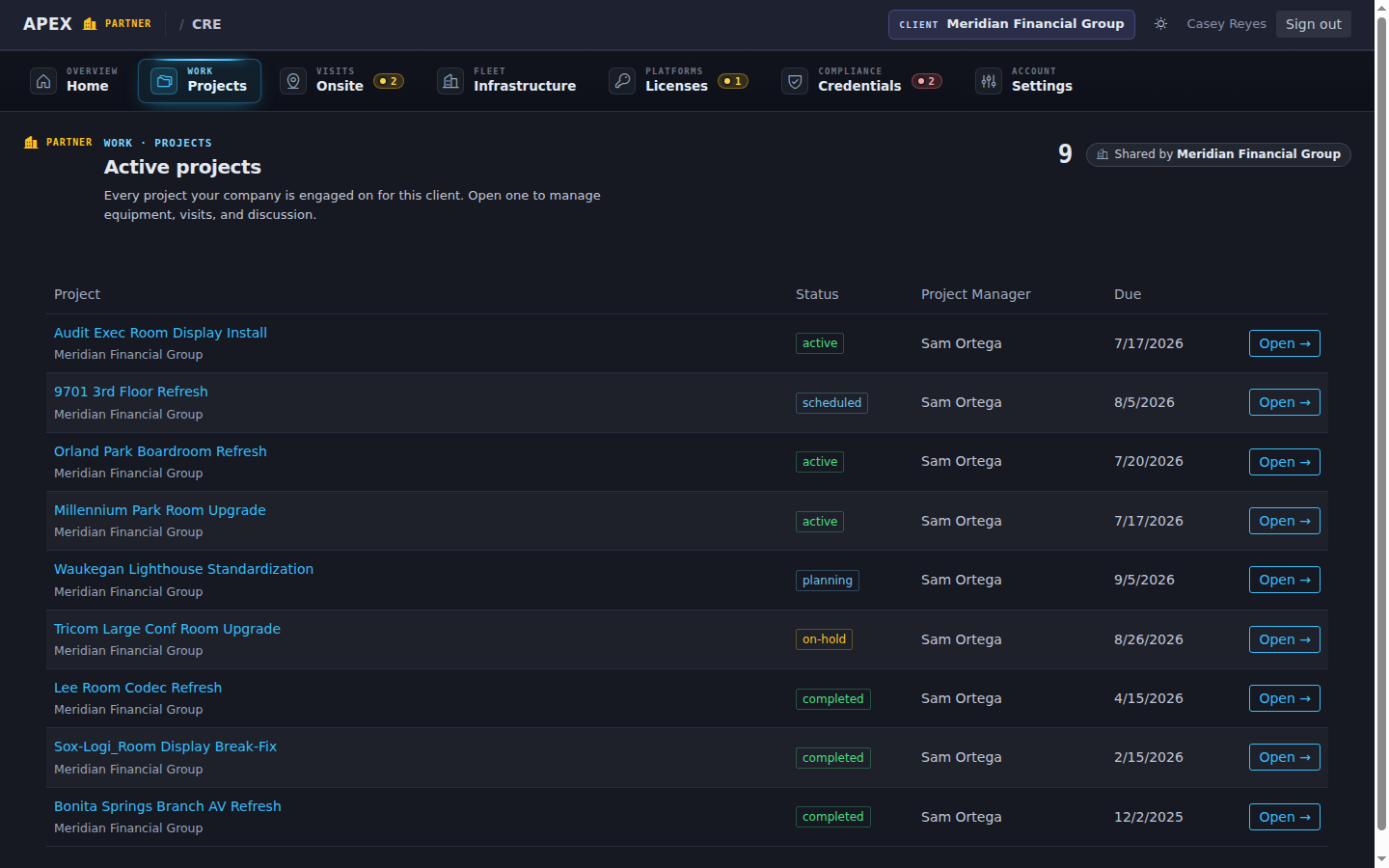 APEX partner projects list showing nine client projects with status, project manager, and due dates